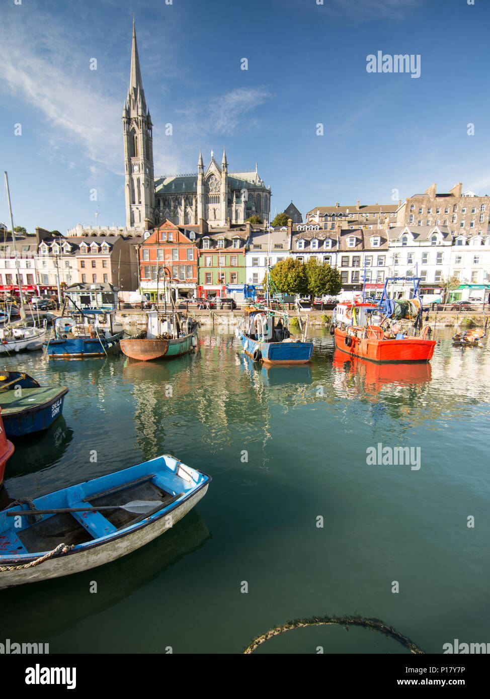 Cork, Irlande - Septembre 15, 2016 : La forme dominante de la cathédrale Saint-colman s'élève au-dessus des rues en terrasses et bateaux de pêche colorés de la s Banque D'Images