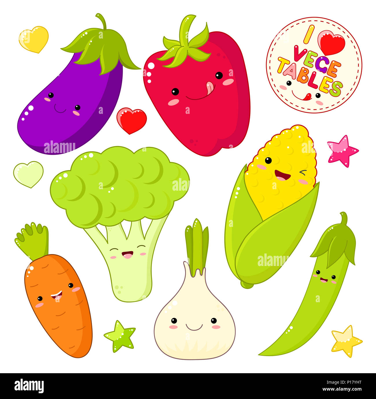 Ensemble d'icônes de légumes cute kawaii style avec sourire et joues roses. Autocollant avec l'inscription J'adore les légumes. L'oignon, carotte, poivron, eggp Banque D'Images