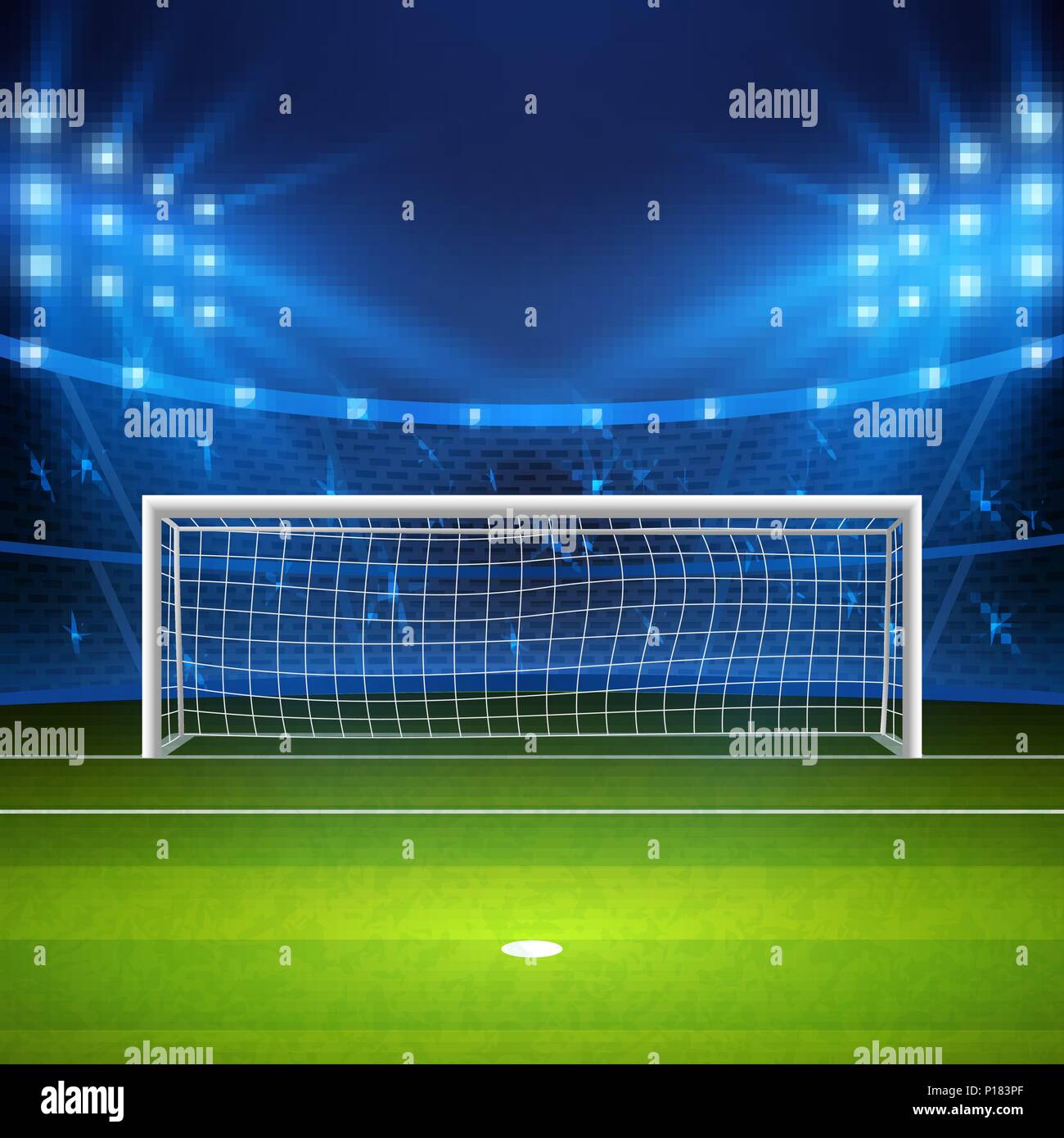 Stade de soccer. Terrain de football sur vert, du stade Arena de nuit allumé des spots lumineux. Vector illustration Illustration de Vecteur