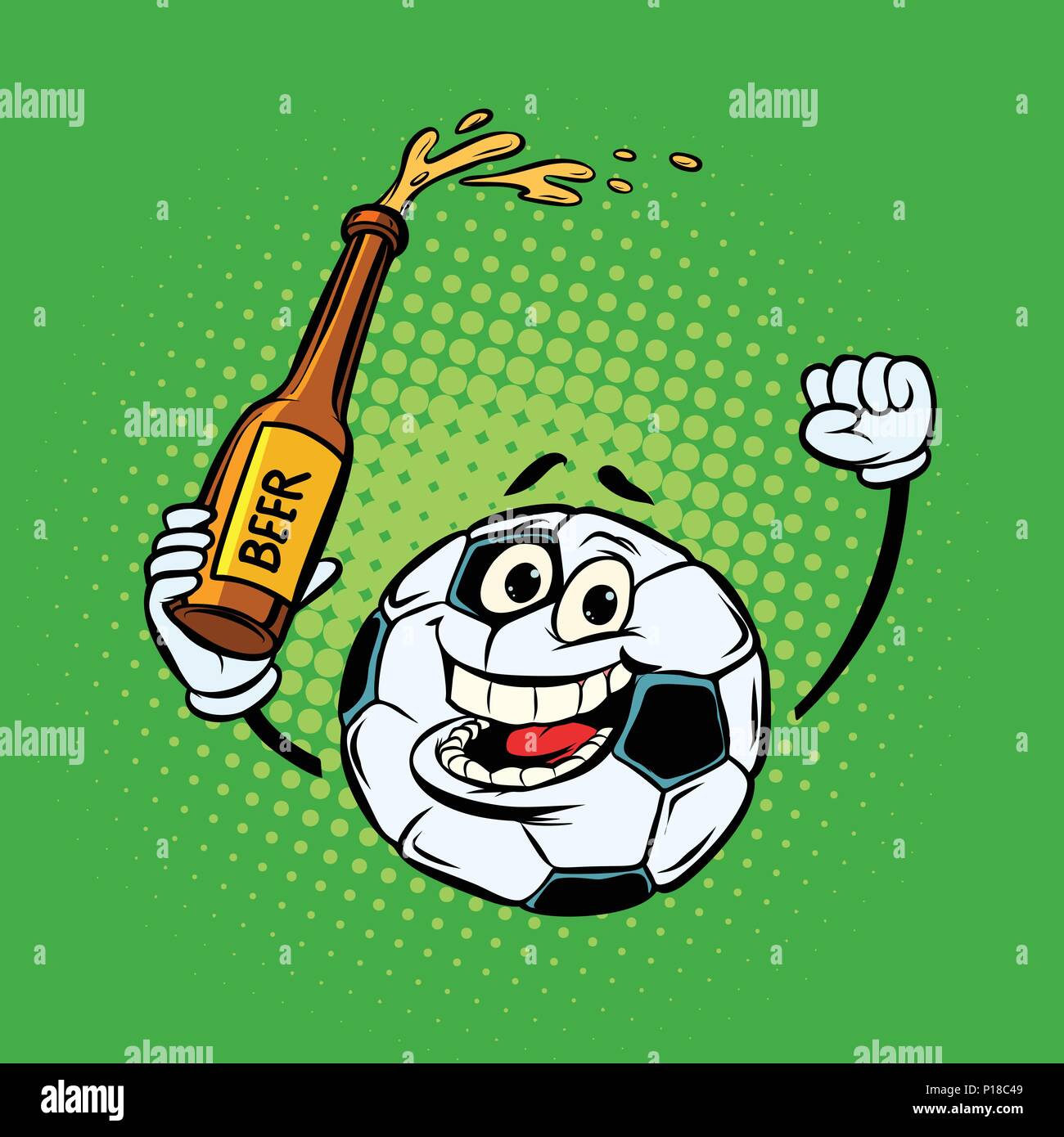 Fans avec une bouteille de bière. Ballon de soccer de football. Funny characte Illustration de Vecteur