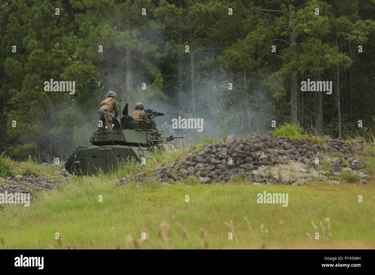 Marines avec divers bataillons de reconnaissance blindé léger mener le tout premier défi Bushmaster gamme SR-7 à bord à Camp Lejeune, en Caroline du Nord, le 3 octobre 2016. Le concours comprend quatre véhicules blindés légers VBL, ou-25, tirer sur des cibles avec une M242 Bushmaster, qui est un 25 mm entraînés par chaîne autocanon largement utilisé par l'armée américaine, et la mitrailleuse coaxiale M240. (U.S. Marine Corps photo par le Cpl. Kaitlyn C. Klein) Banque D'Images