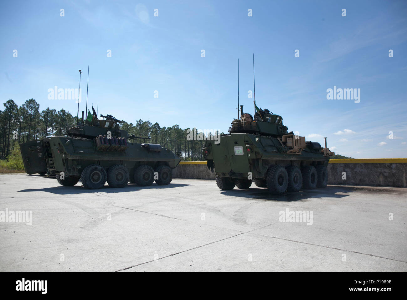 Les Marines américains avec divers bataillons de reconnaissance blindé léger (LAR Ne), effectuer le tout premier défi Bushmaster gamme SR-7 à bord à Camp Lejeune, en Caroline du Nord, le 3 octobre 2016. Le concours était composé de quatre véhicules blindés légers VBL-25, ou des cibles de tir, avec un M242 Bushmaster, qui est un 25 mm entraînés par chaîne autocanon largement utilisé par l'armée américaine et la mitrailleuse coaxiale M240. (U.S. Marine Corps photo par Lance Cpl. Careaf L. Henson MARDIV 2d) de la Caméra de combat Banque D'Images