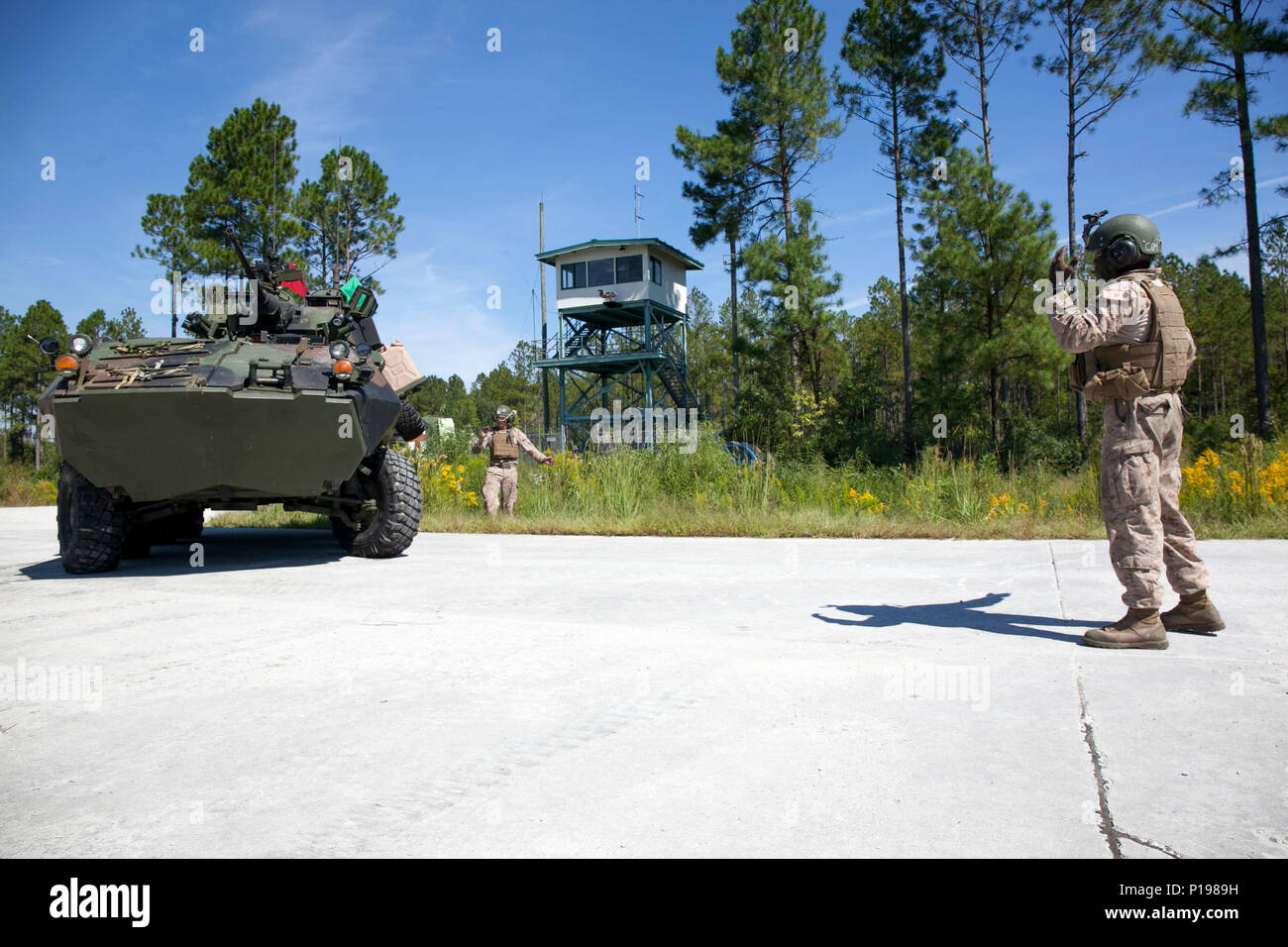Les Marines américains avec divers bataillons de reconnaissance blindé léger (LAR Ne), effectuer le tout premier défi Bushmaster gamme SR-7 à bord à Camp Lejeune, en Caroline du Nord, le 3 octobre 2016. Le concours était composé de quatre véhicules blindés légers VBL-25, ou des cibles de tir, avec un M242 Bushmaster, qui est un 25 mm entraînés par chaîne autocanon largement utilisé par l'armée américaine et la mitrailleuse coaxiale M240. (U.S. Marine Corps photo par Lance Cpl. Careaf L. Henson MARDIV 2d) de la Caméra de combat Banque D'Images
