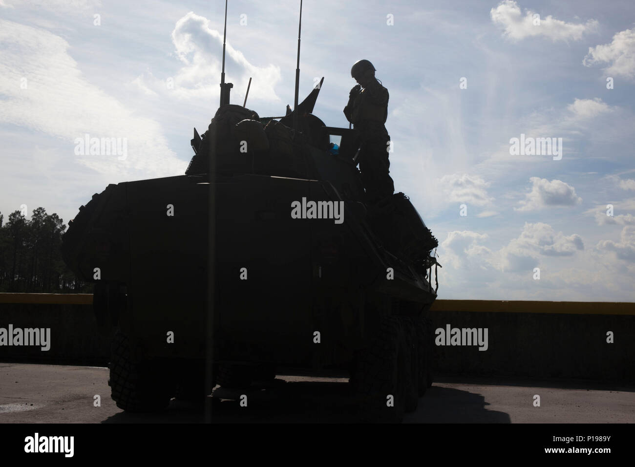 Les Marines américains avec divers bataillons de reconnaissance blindé léger (LAR Ne), effectuer le tout premier défi Bushmaster gamme SR-7 à bord à Camp Lejeune, en Caroline du Nord, le 3 octobre 2016. Le concours était composé de quatre véhicules blindés légers VBL-25, ou des cibles de tir, avec un M242 Bushmaster, qui est un 25 mm entraînés par chaîne autocanon largement utilisé par l'armée américaine et la mitrailleuse coaxiale M240. (U.S. Marine Corps photo par Lance Cpl. Careaf L. Henson MARDIV 2d) de la Caméra de combat Banque D'Images