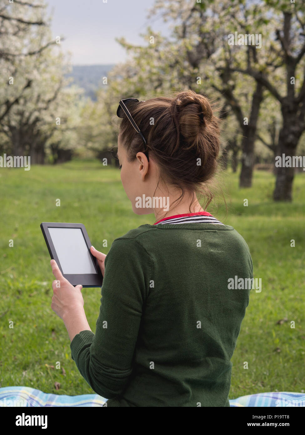 Vue arrière d'une jeune femme à l'extérieur la lecture sur son ebook Banque D'Images