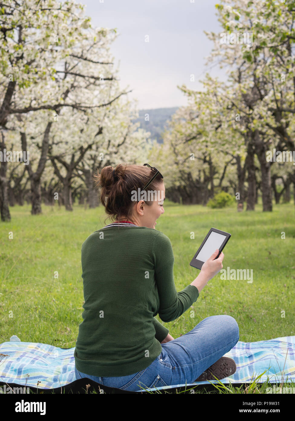 Vue arrière d'une jeune femme à l'extérieur la lecture sur son ebook Banque D'Images