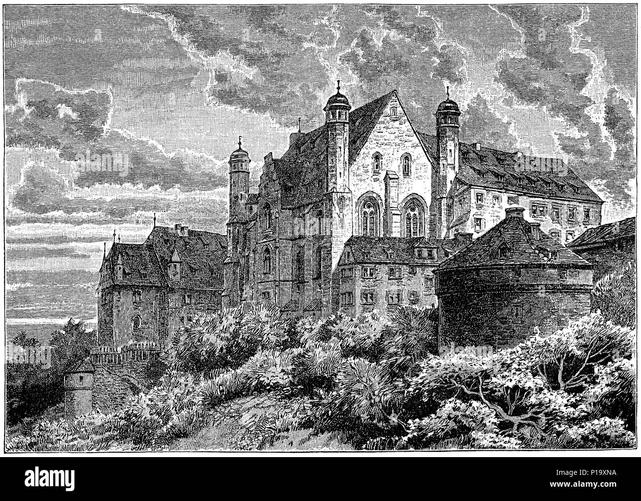 1883 Gravure de la Wartburg, vue depuis le Nord. La Wartburg est un château avec vue sur Eisenach en Thuringe, Allemagne. Banque D'Images