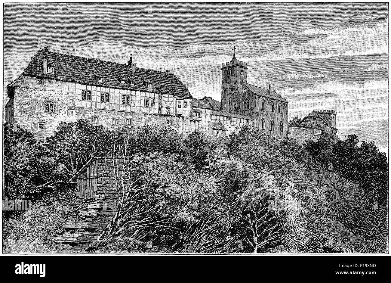 1883 Gravure de la Wartburg, vu de l'Ouest. La Wartburg est un château avec vue sur Eisenach, en Thuringe en Allemagne. Banque D'Images