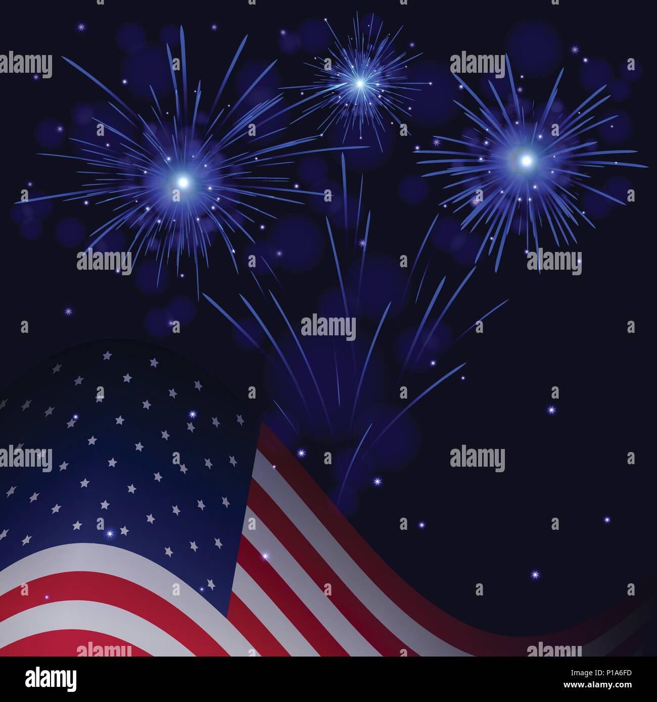 Drapeau des États-Unis et la célébration d'artifice bleu vector background. Le jour de l'indépendance, 4 juillet salut vacances carte de vœux. Illustration de Vecteur
