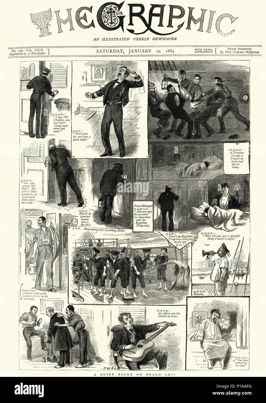 Première page du journal graphique, Janvier 19th, 1884 Calme, nuit à bord d'un navire de guerre de la Marine royale Banque D'Images