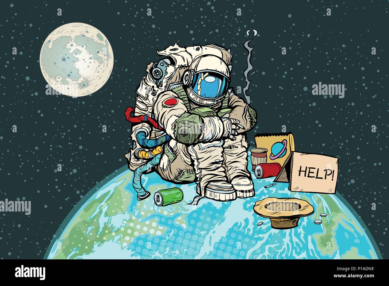 L'astronaute de la faim des pauvres sur la planète terre Illustration de Vecteur