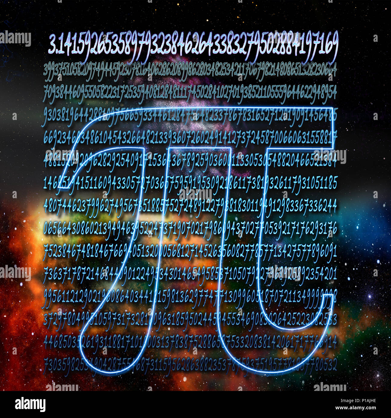 Amélioration de l'image numérique de la lettre grecque pi signe mathématique dans l'espace avec les mille premiers chiffres du numéro dans l'arrière-plan Banque D'Images