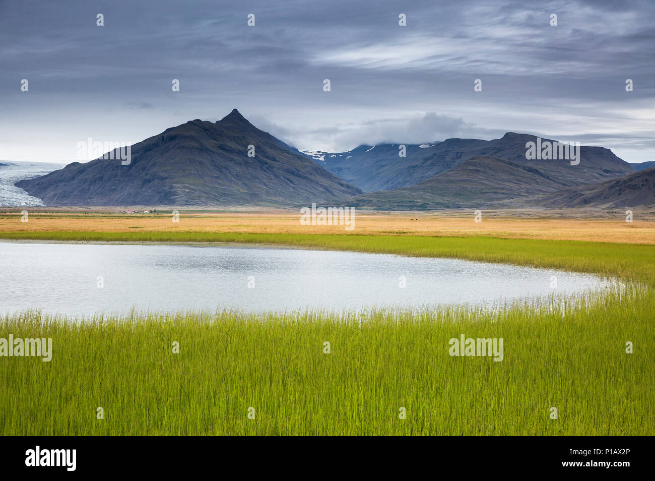 Paysage de montagne à distance, tranquille avec de l'herbe verte, l'Islande Banque D'Images