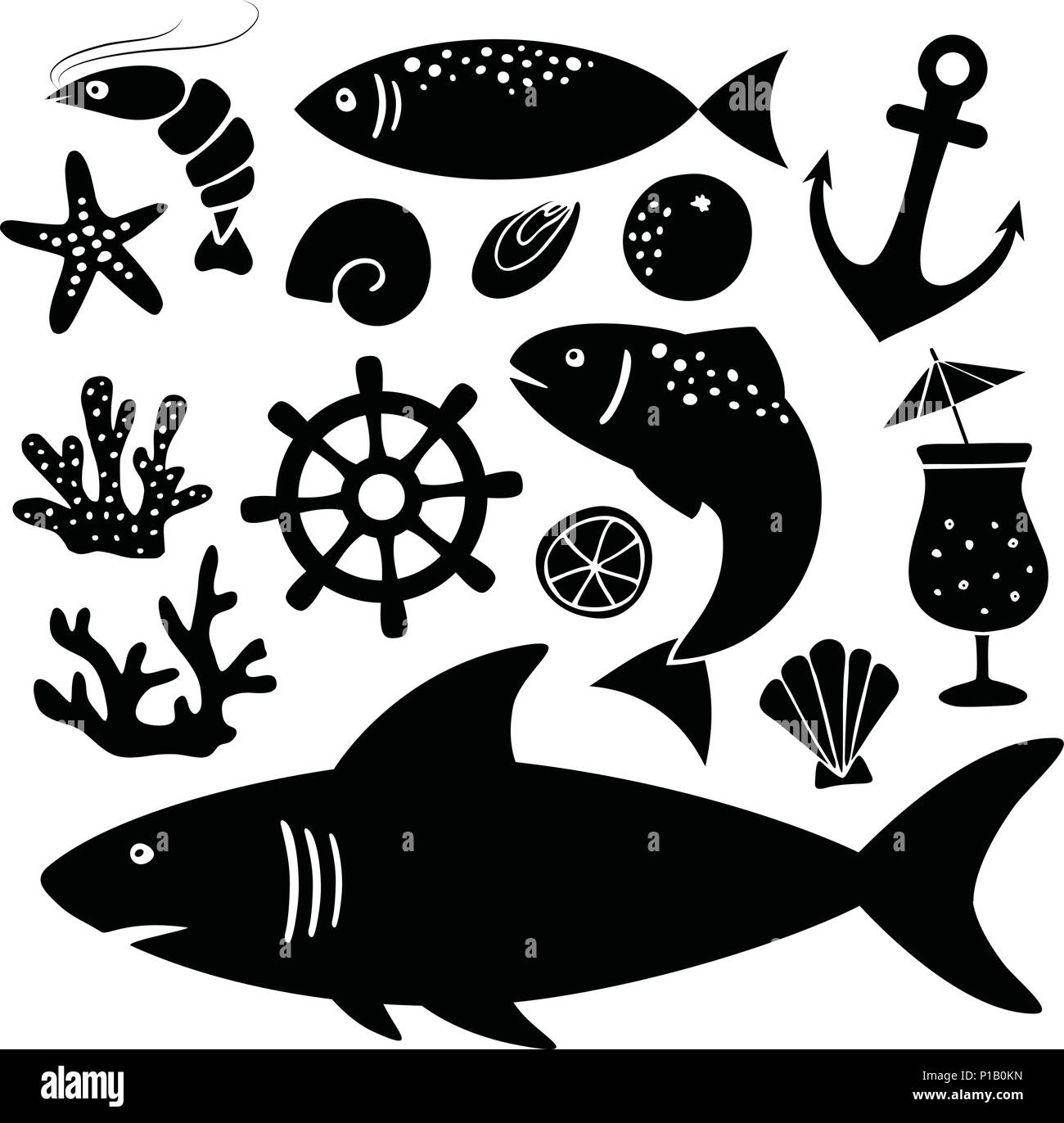 Jeu de silhouettes noires des requins, poissons, crevettes, coquillages et autres animaux marins et des icônes d'objet isolé sur fond blanc. Les objets vectoriels, modèle plat. L'été, l'océan, marine concept. Illustration de Vecteur