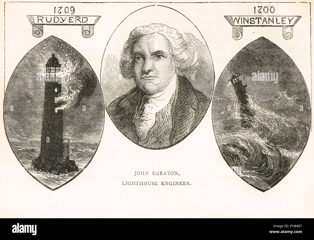 John Smeaton enginner phare d'Eddystone, indiqué avec le précédent 2 phares sur Eddystone rock par Henry Winstanley et John Rudyard (ou Rudyerd). Banque D'Images