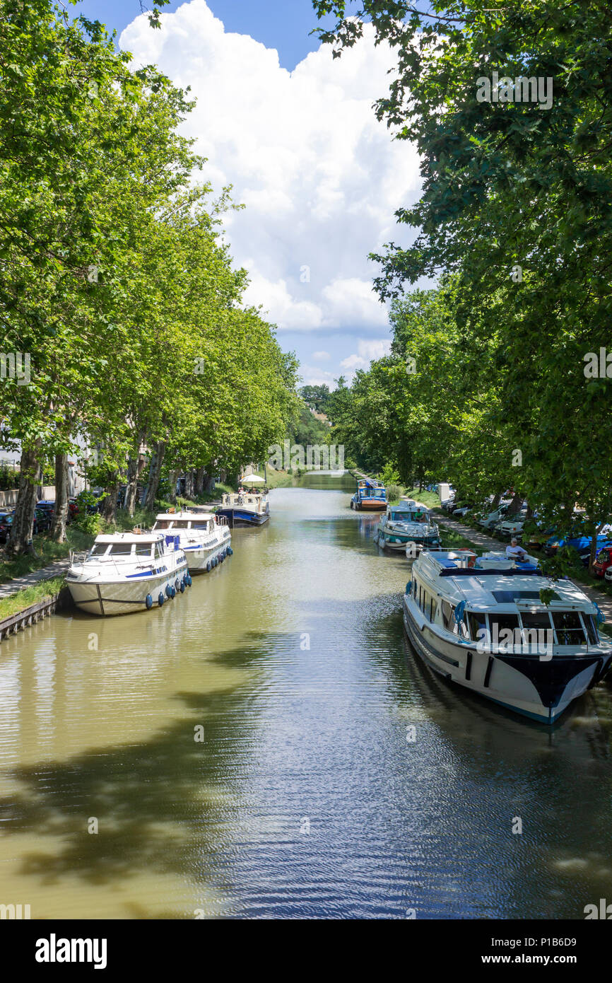 Le Canal du Midi, Carcassonne, Aude, département français de la région de l'Occitanie, France. Bateaux amarrés sur le canal bordé d'arbres. Banque D'Images