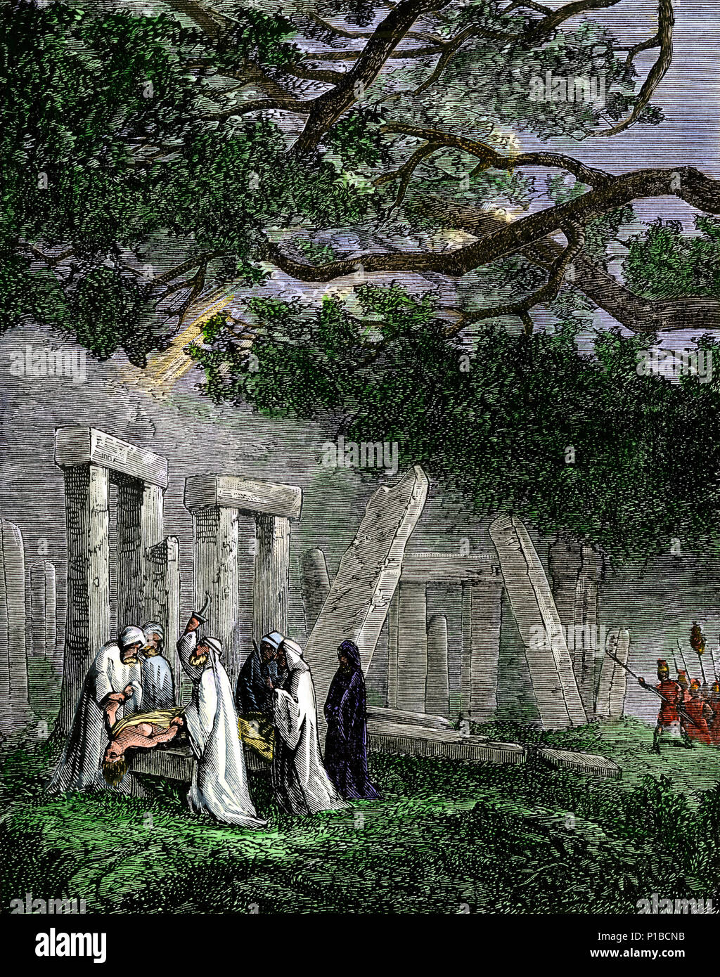 Druid sacrifice humain à Stonehenge est arrêté par des soldats romains. À la main, gravure sur bois Banque D'Images