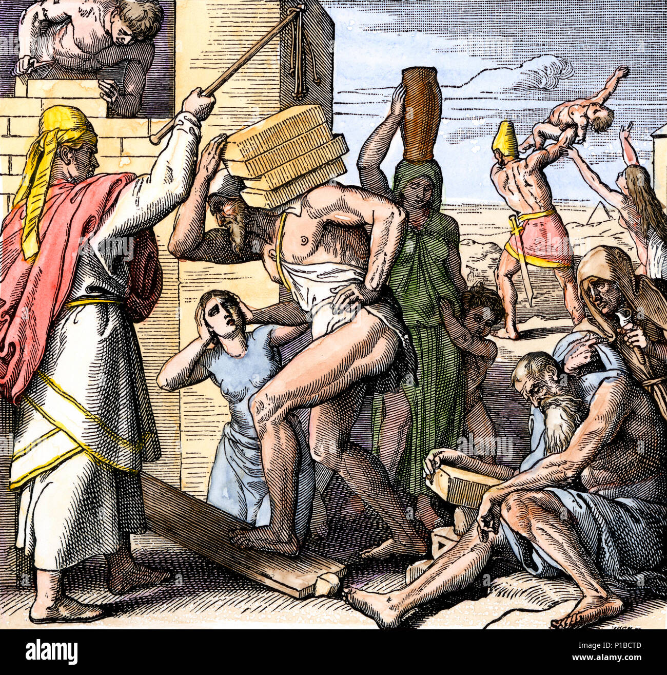 L'exécution des esclaves pour les bâtiments de briques dans l'Egypte ancienne. À la main, gravure sur bois Banque D'Images