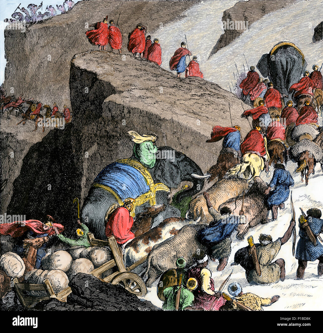 L'armée d'Hannibal traversant les Alpes pour envahir Rome, 218 BC. À la main, gravure sur bois Banque D'Images