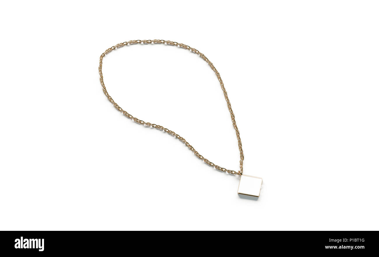 Pendentif en or blanc vierge rhombus immersive isolé, rendu 3D. Pendentif or vide maquette sur chaîne, symbole carré. Étiquette en métal clair. Banque D'Images
