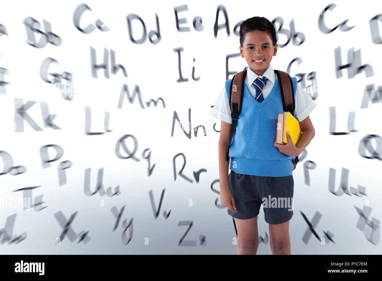 Image composite de portrait d'écolier avec cartable holding books Banque D'Images