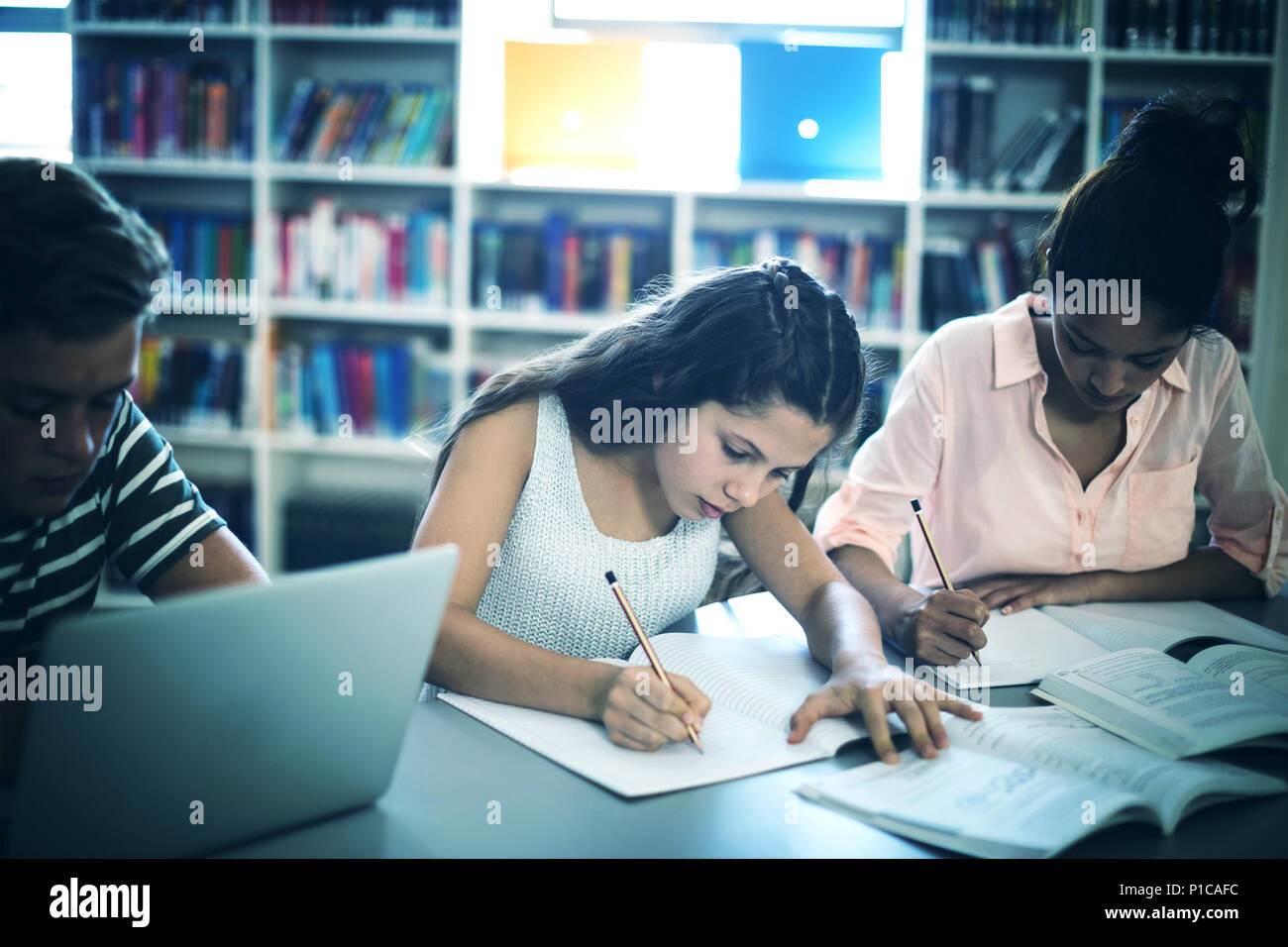 Les élèves attentifs studying in library Banque D'Images