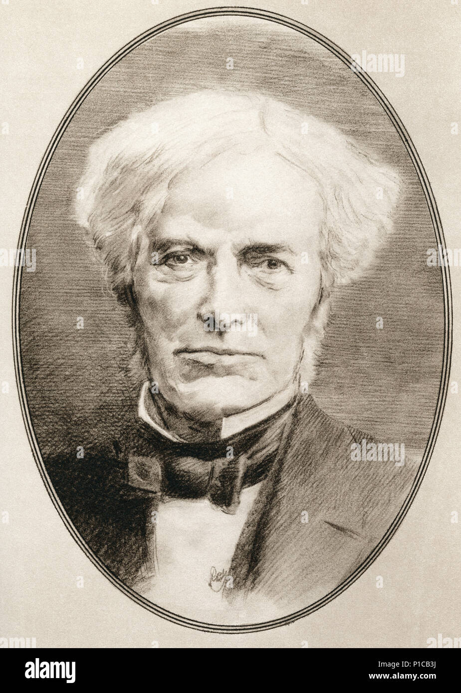 Michael Faraday, 1791 -1867. L'anglais scientifique. Illustration par Gordon Ross, artiste et illustrateur américain (1873-1946), de la vie des hommes. Banque D'Images