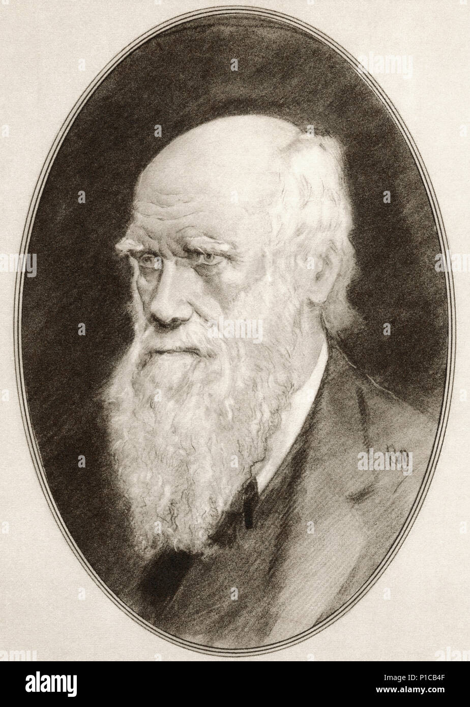 Charles Robert Darwin, 1809 - 1882. Naturaliste anglais, géologue et biologiste. Illustration par Gordon Ross, artiste et illustrateur américain (1873-1946), de la vie des hommes. Banque D'Images
