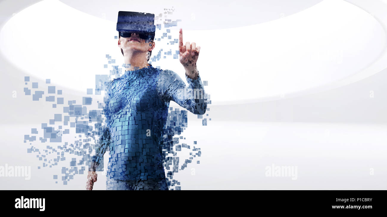 Image composite de digital composite de femme avec un simulateur de réalité augmentée Banque D'Images