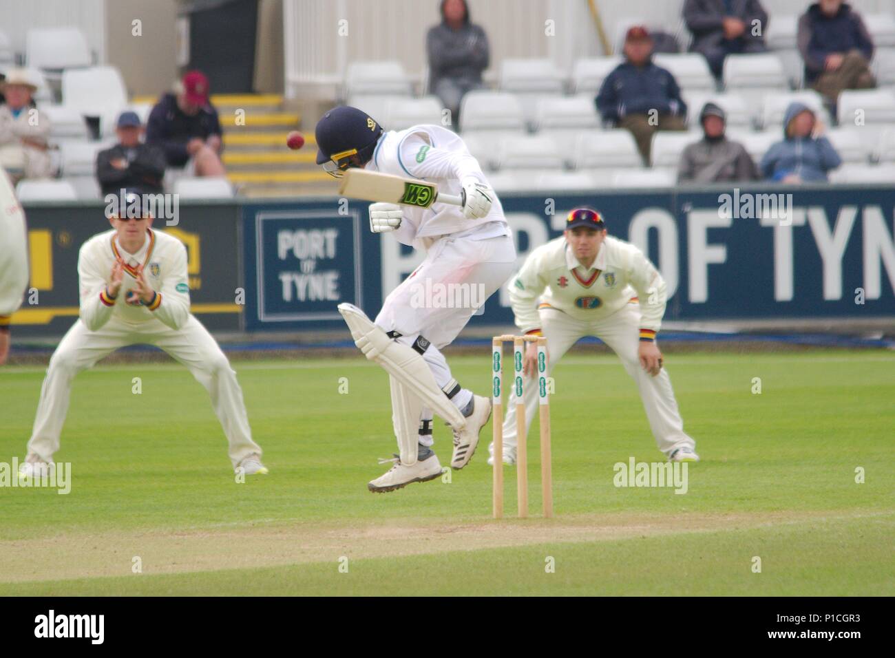 Chester le Street, en Angleterre, 11 juin 2018. Wayne Madsen du Derbyshire tente d'éviter la balle mais est capturé et joué par Matthew contre Salisbury dans leur comté de Durham Specsavers match de championnat à l'Unis Riverside. Crédit : Colin Edwards/Alamy Live News. Banque D'Images