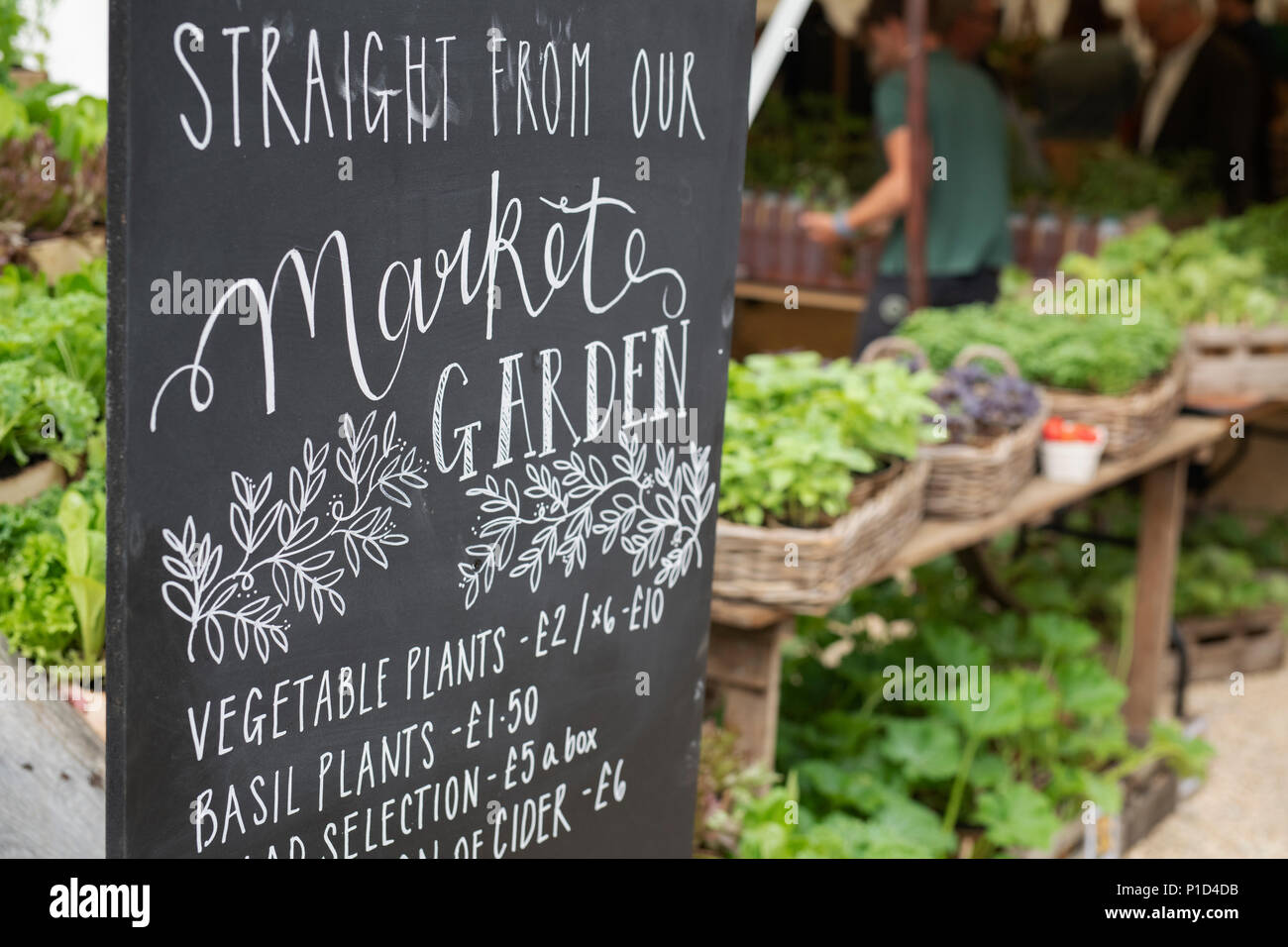 Market Garden signe à Daylesford Organic Farm festival d'été. Daylesford, Cotswolds, Gloucestershire, Angleterre Banque D'Images