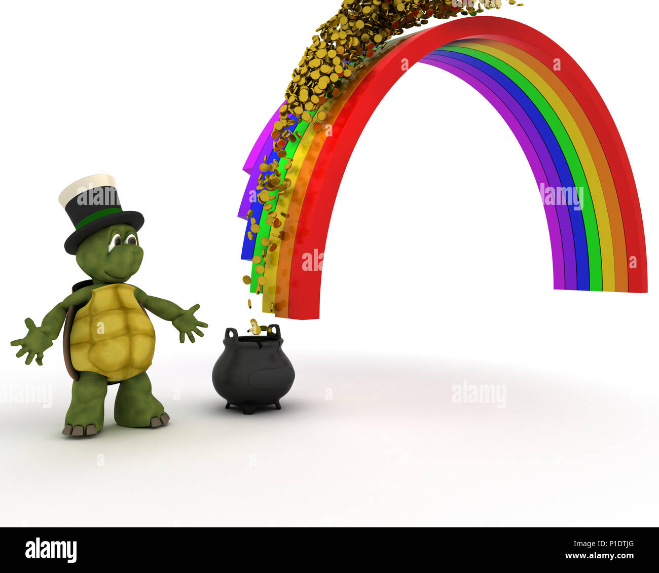 3D render of turtle avec pot d'or à la fin de l'arc en ciel Banque D'Images