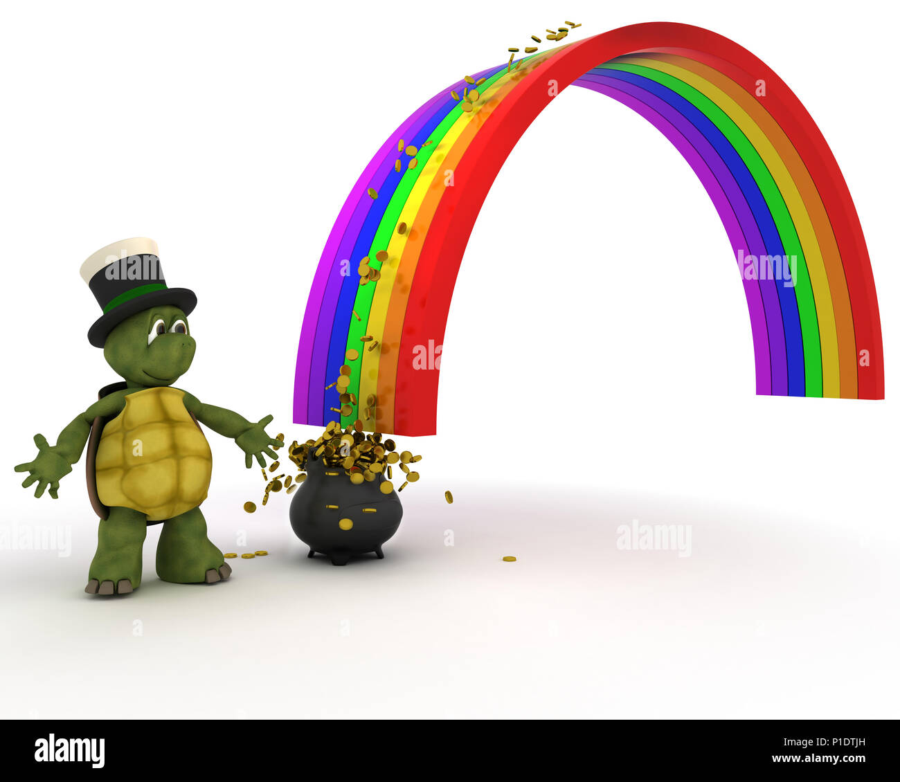 3D render of turtle avec pot d'or à la fin de l'arc en ciel Banque D'Images