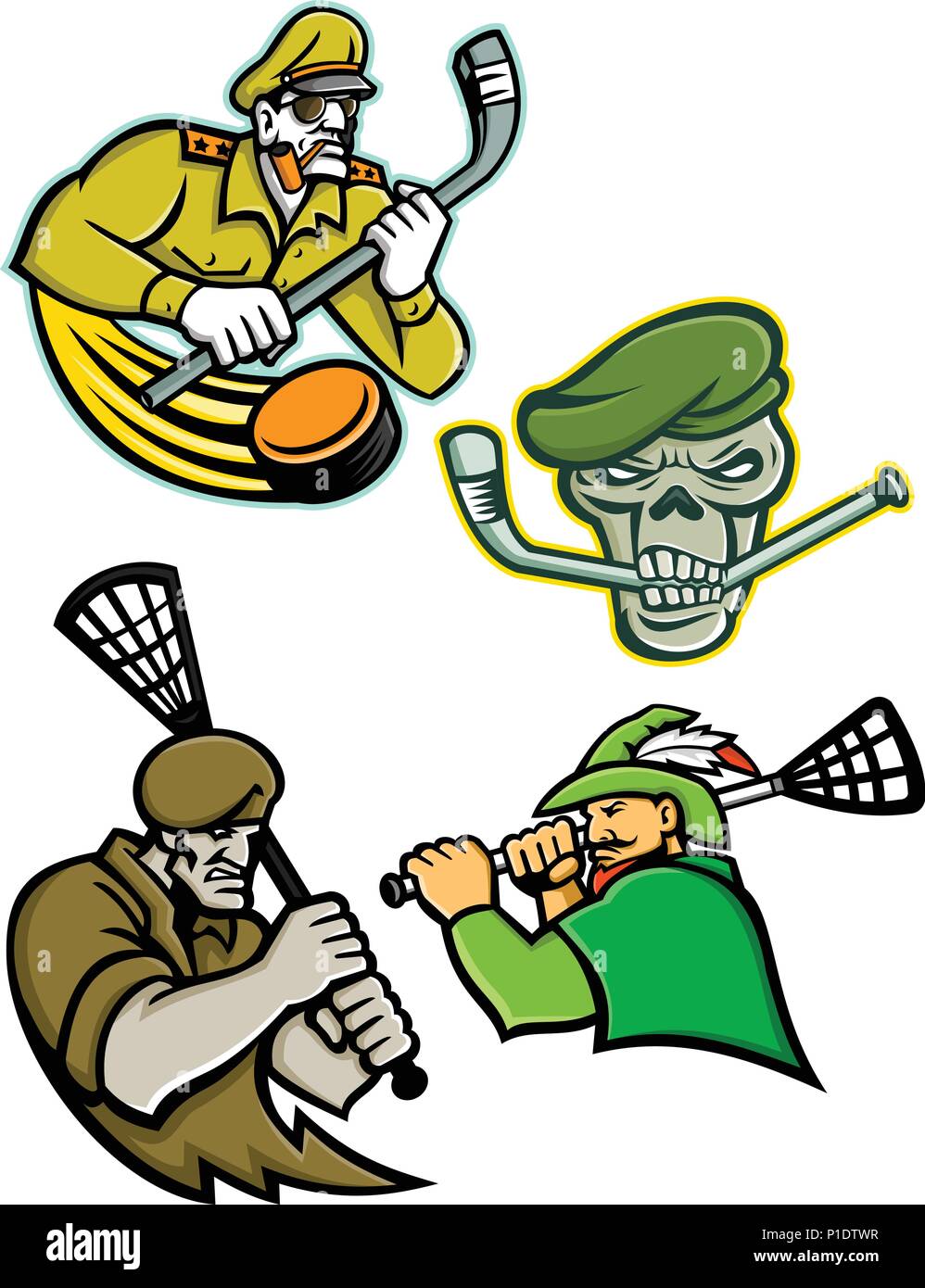 L'icône illustration mascotte ensemble de la crosse et le hockey sur glace et militaire mascottes guerrier d'un général d'armée, béret vert crâne, green archer et commando Illustration de Vecteur