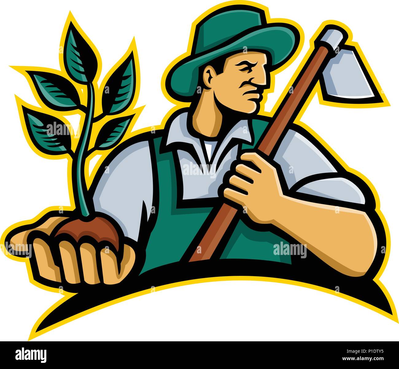 L'icône de mascotte illustration d'un agriculteur biologique portant un  chapeau tenant une plante par la paume de sa main avec grab hoe sur son  épaule à la recherche à l'autre de l'i