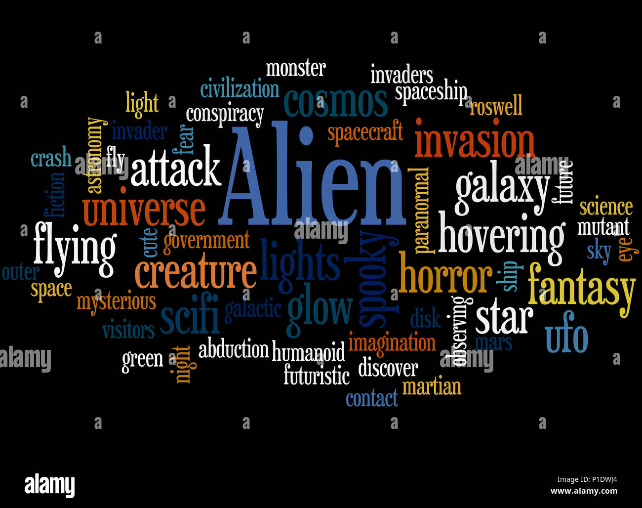 Alien, mot concept cloud sur fond noir. Banque D'Images