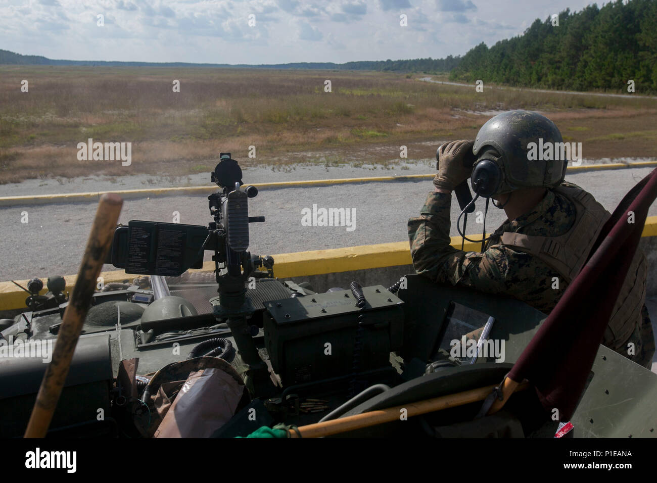 Les Marines américains avec divers bataillons de reconnaissance blindé léger (LAR Ne), effectuer le tout premier défi Bushmaster gamme SR-7 à bord à Camp Lejeune, en Caroline du Nord, le 3 octobre 2016. Le concours était composé de quatre véhicules blindés légers VBL-25, ou des cibles de tir, avec un M242 Bushmaster, qui est un 25 mm entraînés par chaîne autocanon largement utilisé par l'armée américaine et la mitrailleuse coaxiale M240. (U.S. Marine Corps photo par Lance Cpl. Careaf L. Henson MARDIV 2d) de la Caméra de combat Banque D'Images