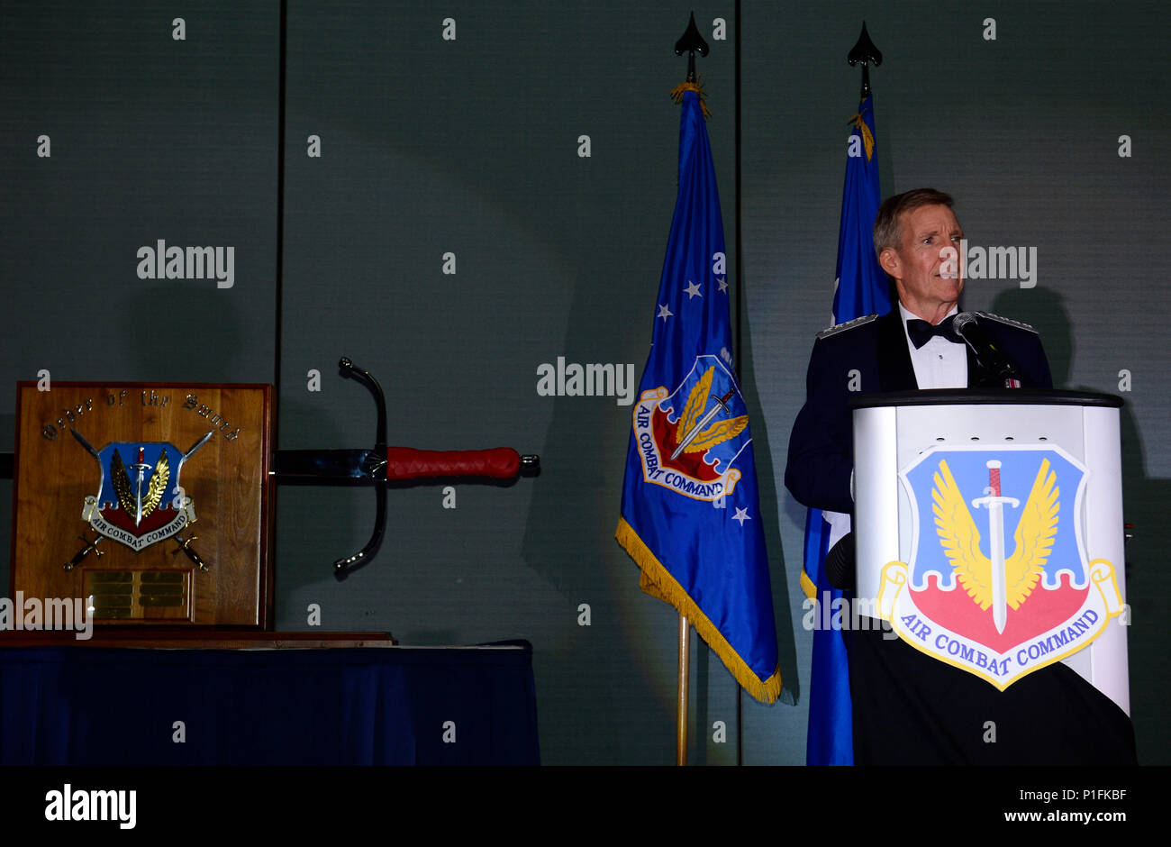 Le général Hawk Carlisle, commandant de l'Air Combat Command, donne un discours d'acceptation de sa commande au cours de la cérémonie de présentation de l'épée de l'Hampton Roads Convention Center de Hampton, en Virginie, le 27 octobre 2016. Carlisle, qui a commandé le CAC depuis octobre 2014, est le huitième chef du CAC d'être intronisé à l'ordre du commandement de l'épée. (U.S. Air Force photo par un membre de la 1re classe Kaylee Dubois) Banque D'Images