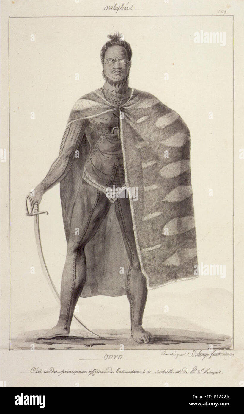 'Ooro, l'un des principaux agents de Kamehameha II', plume et lavis à l'encre sur mine par Jacques Arago, 1819, Honolulu Academy of Arts. Banque D'Images