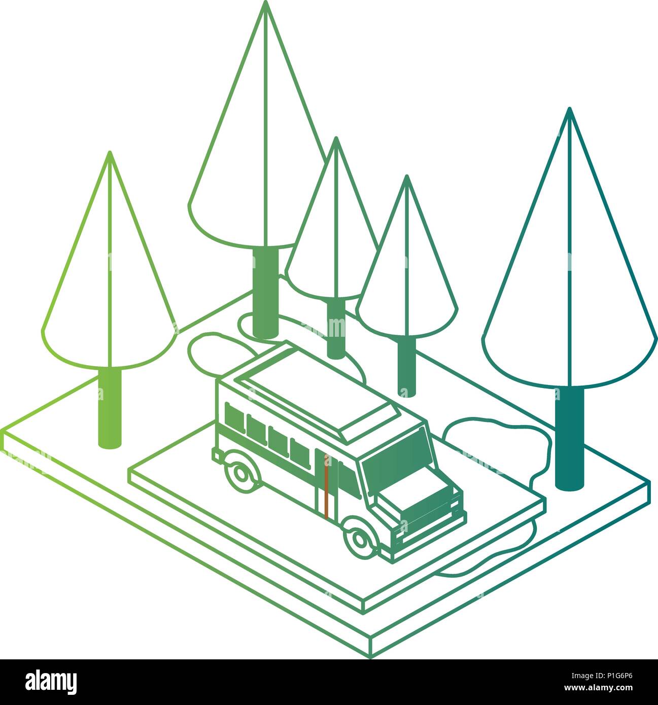 Autobus scolaire dans la zone de stationnement la tension isométrique Illustration de Vecteur