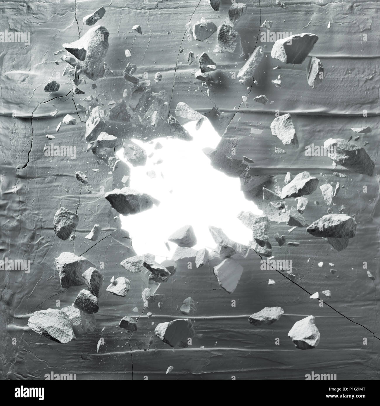 Mur fissuré avec trou d'explosion et de débris Banque D'Images Mur fissuré avec trou d'explosion et de débris Banque D'Images