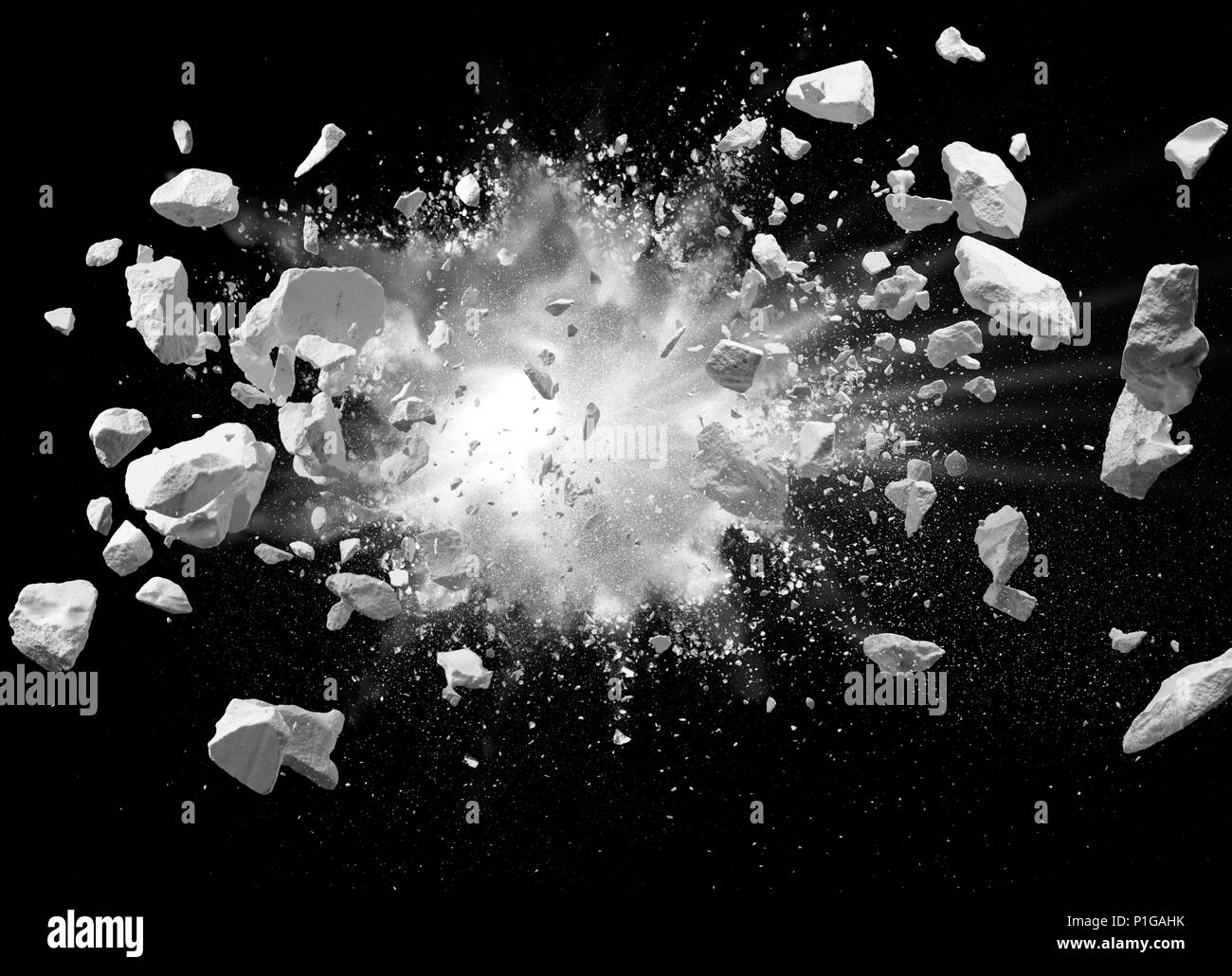 Les débris causés par l'explosion de split sur fond noir Banque D'Images Les débris causés par l'explosion de split sur fond noir Banque D'Images