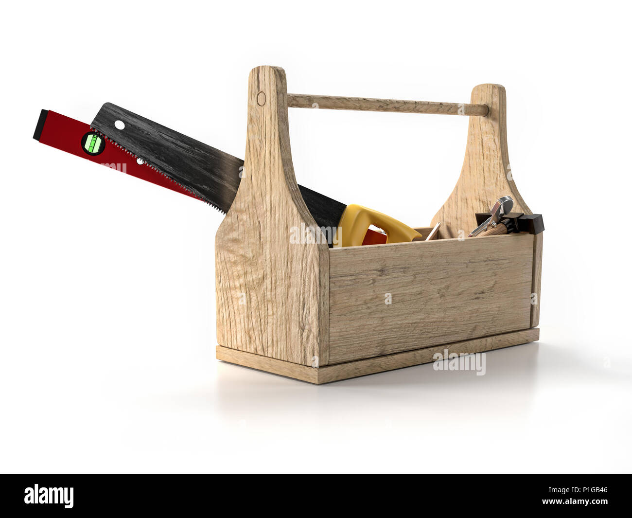 Boîte à outils en bois avec des outils sur fond blanc Banque D'Images