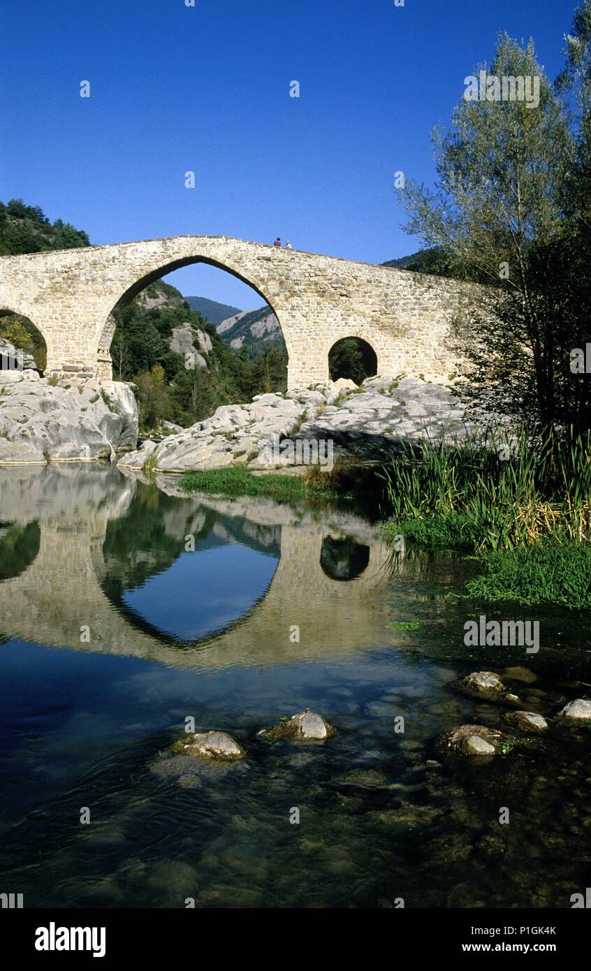 Río Llobregat y puente (románico) de Pedret (cerca Berga). Banque D'Images