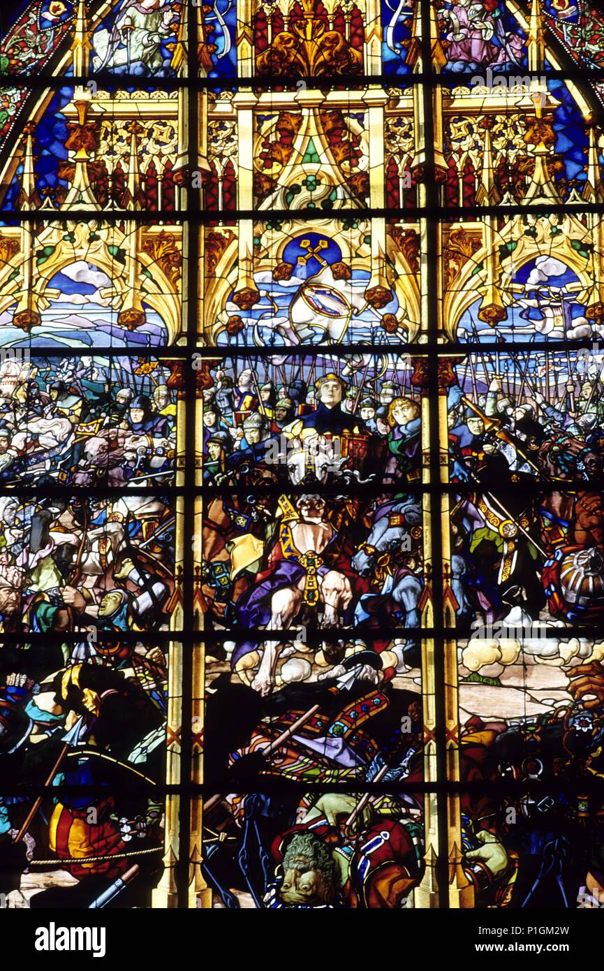 Roncevaux, Capilla de San Agustín, Sala, vidrieras capitulaire de la Batalla de Navas, C.S. Banque D'Images