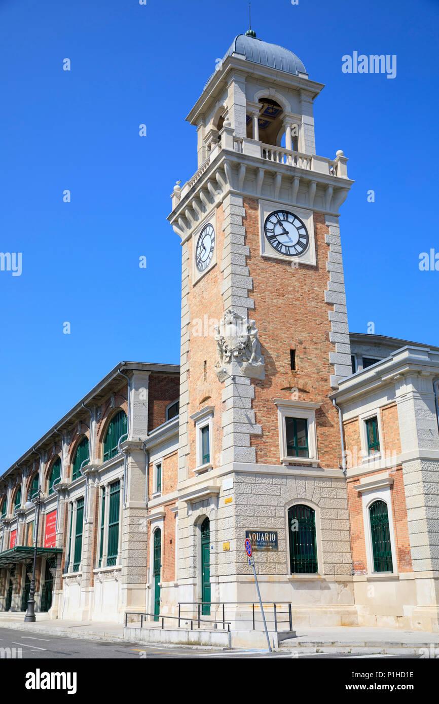 Tour de l'horloge de l'Acquario Marino à Trieste (Italie). Banque D'Images