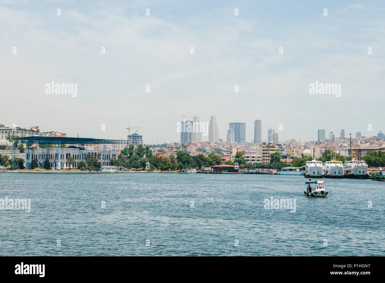 Vue de la partie européenne d'Istanbul, dans les eaux du Bosphore. Navires et bateaux flottent sur l'eau et se tiennent dans le port Banque D'Images