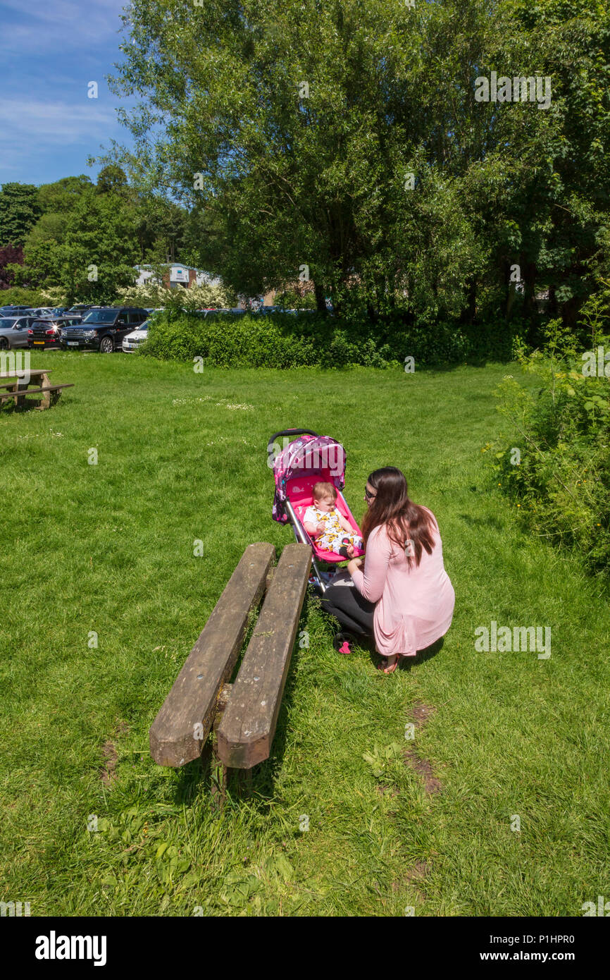 Une jeune femme s'occupe d'un bébé dans un pushcharir, dans la zone de pique-nique par la rivière Avon Tetbury, Malmesbury, Wiltshire, Royaume-Uni Banque D'Images