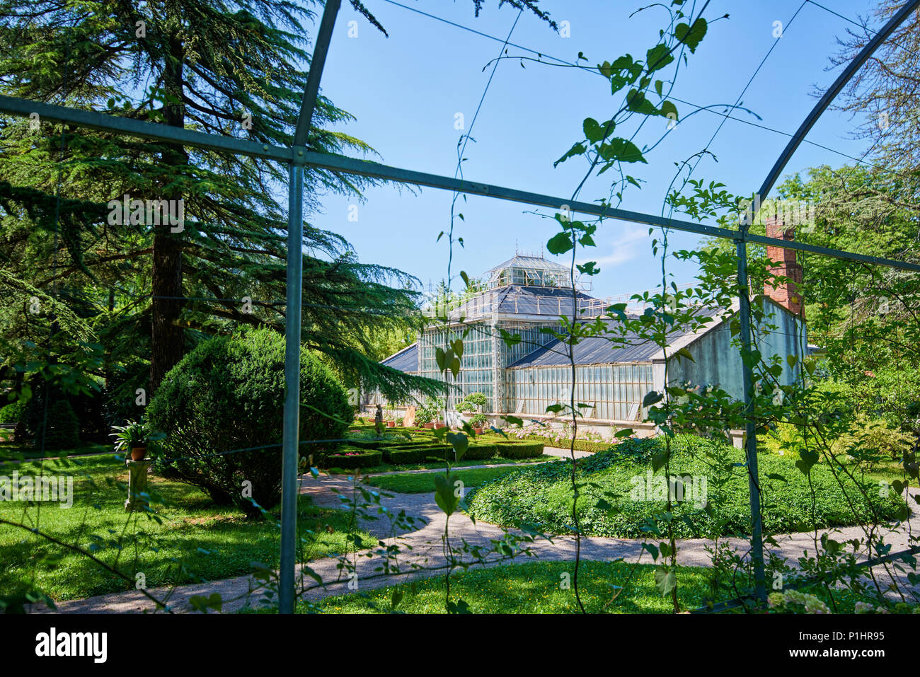 Jardin botanique de Sežana, 19e siècle, la Slovénie a 150 ans cedar, parterres de fleurs, pergolas et le palmarium - Jardin de joie Banque D'Images