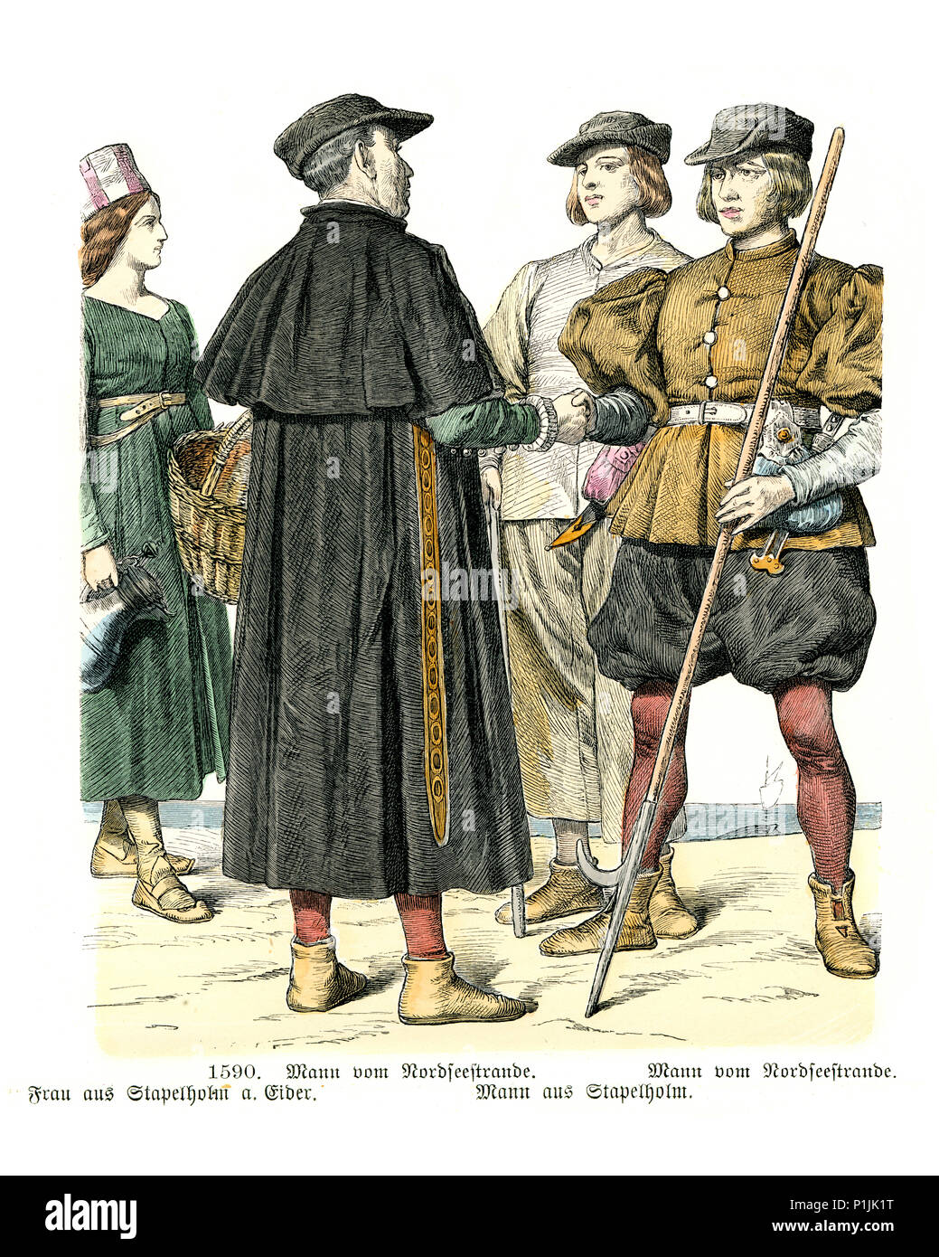Vintage gravure d'histoire de la mode, des costumes de l'Allemagne du xvie siècle. Homme de Frise du Nord, femme de Stapelholm, Schleswig-Holstein Banque D'Images